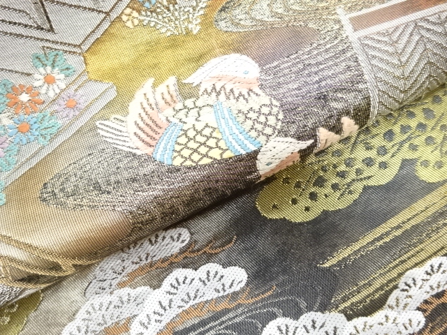  屋敷に鴛鴦・草花・橋模様織り出し袋帯